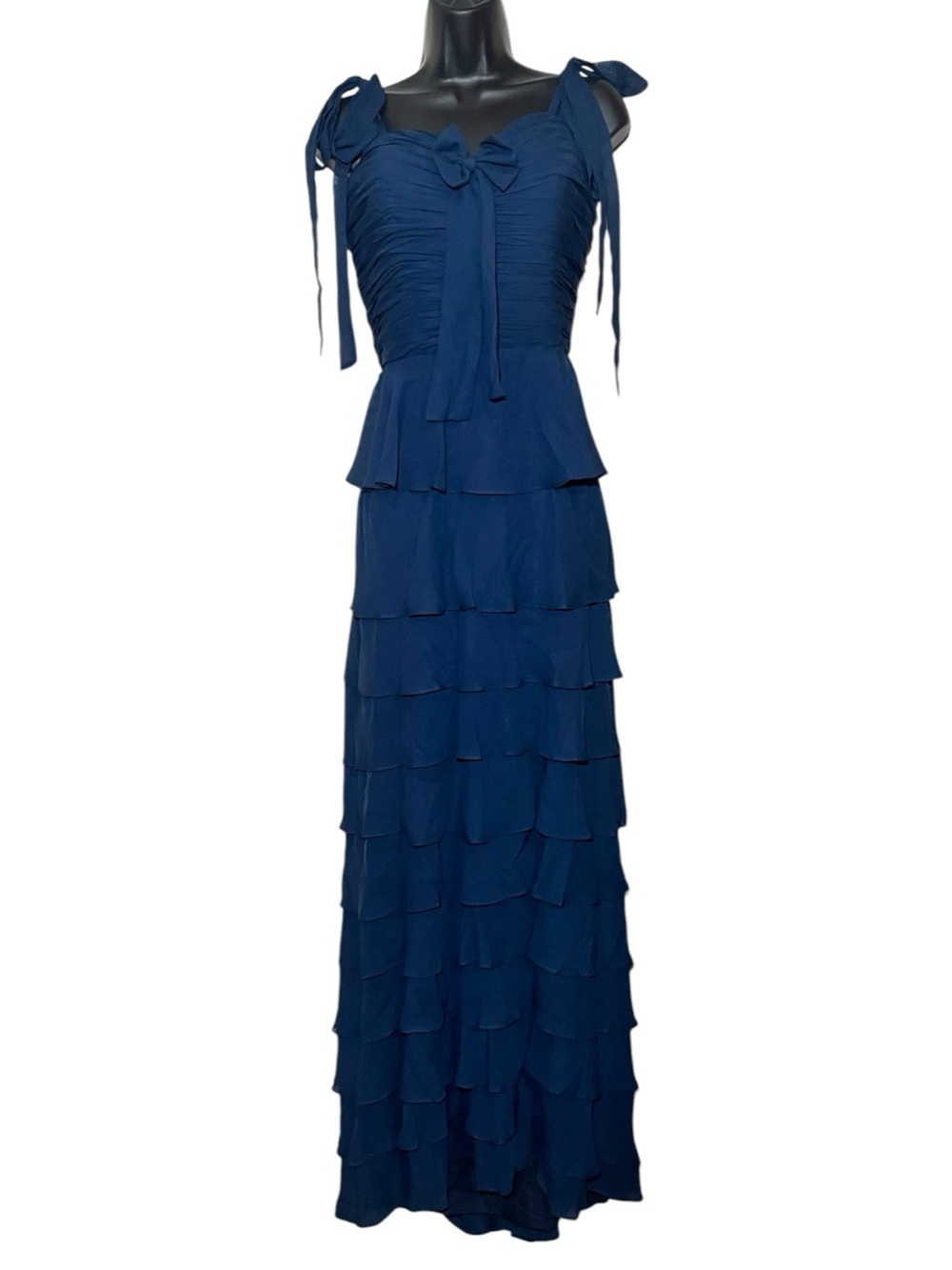 Navy Blue Tiered Ruffle Maxi Dress with Tie Straps